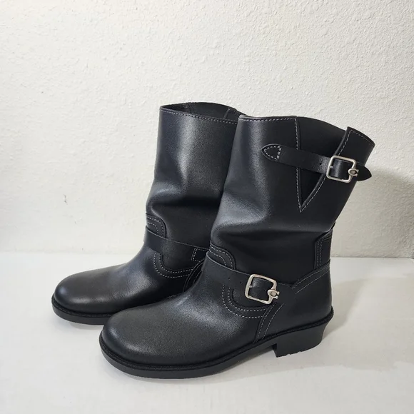 Coach Black Leather Engineer Moto Ankle Boots Buckle Straps Relaxed Slouchy 8 - Picture 12 of 12